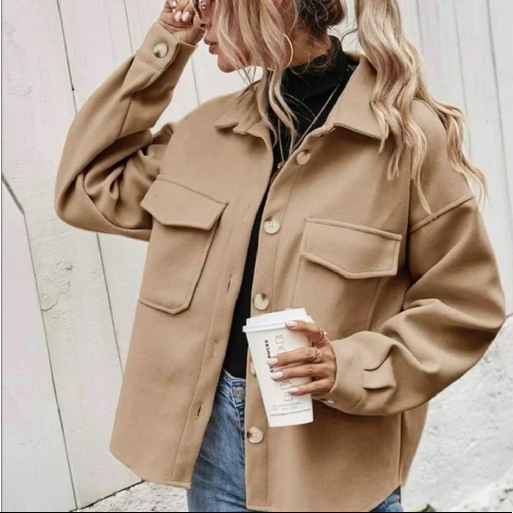 Boyfriend fit button up oversized shacket jacket khaki